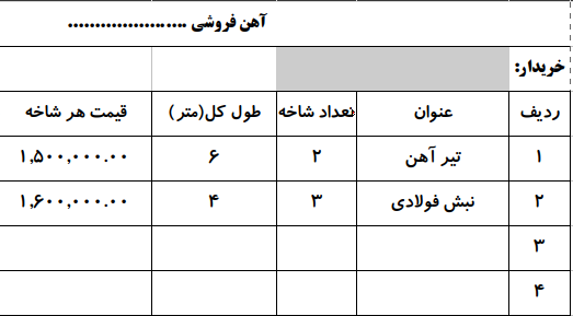 نمونه فاکتور آهن فروشی